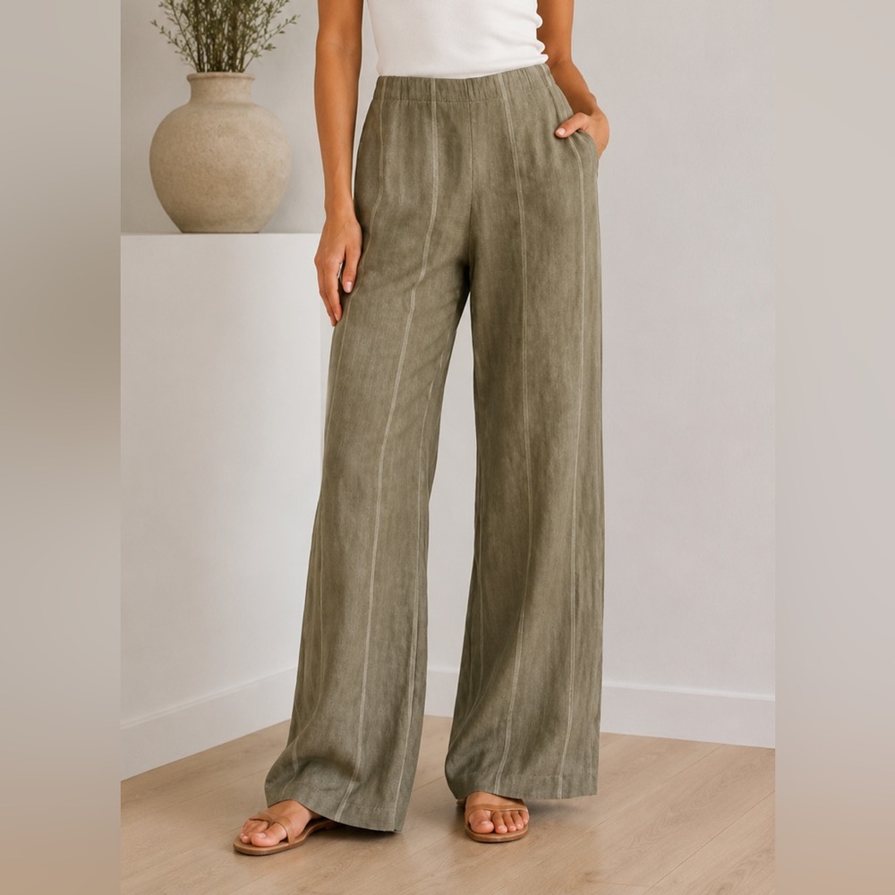 MaxMara Striped Linen Pants Wide Leg Drawstring Cinch Waist Brown Tan Medium